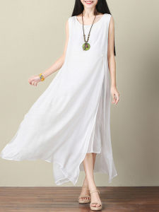 ชุดเดรสยาวผ้าลินินฤดูร้อนสำหรับผู้หญิงไซส์ใหญ่ ทรงหลวมสบาย ๆ คอตั้งแขนกุด สีพื้น กระโปรงทรงเอ ชุดทำงานลำลอง