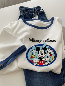 เสื้อยืดคอกลมแขนสั้นผ้าฝ้ายหลวมสำหรับผู้หญิงในช่วงฤดูร้อน ดีไซน์พิมพ์ลายสีบล็อก ทรงหลวม แฟชั่นเสื้อสีขาว