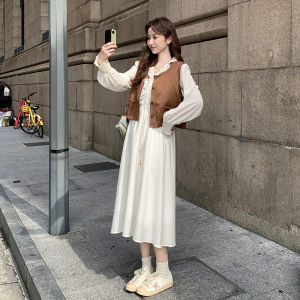 Fashionable Anti-Aging Doll Collar Dress Set Womens Single Button Vest Two Piece Set Light Beige Color Casual Style Loose Waist Polyester Fiber Long Sleeve A-Line Skirt