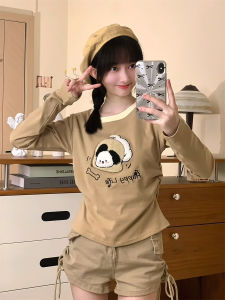 Plush Cute Cartoon Puppy Embroider Long Sleeves Female Japanese Style Contrast Color round Neck T-shirt Silm Short Inner Tops