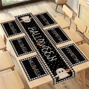 VIKAMA Halloween Ghost Placemats Set Grid In Table Flags Chất Liệu Vải Lanh Chống Thấm Dầu Cho Bữa Tiệc Ngày Lễ Trang Trí Nhà Cửa