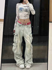 High-Waist Multi-Pocket Design Retro Denim Cotton Pants for Women Loose Baggy Style Washable Light Color