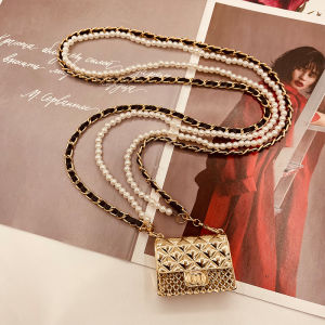 Mini Crossbody Bag Womens Fashion Accessories Metal Pearl Chain Necklace Bag Diamond Pattern Hanging Bag Korean Style Handbag