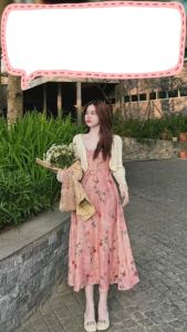Set Đầm Hoa 2 Dây Sẵn Mút Ngực Kèm Áo Khoác Thun Gân May Bells Đầm Hoa Nàng Thơ Dạo Phố Dáng Dài