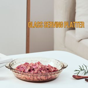 B1T1 Borosilicate Glass Vintage Design Serving Platter Microwave Oven Safe Round Plate with Handle Amber Serving Plates