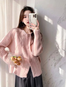 หลวม ถัก บิดเกลียว คาร์ดิเกน เสื้อสเวตเตอร์ ผู้หญิง เสื้อตัวในสีน้ําเงิน Retro Gentle อินเทรนด์ เสื้อแจ๊กเก็ตคอกลมแขนยาวติดกระดุมขึ้น