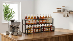 Expandable Coffee Syrup Rack Organizer Syrup Bottle Holder Stand for Coffee Bar 2-Tier Spice Rack Adjustable Countertop Condiment Storage Shelf Seasoning Bottle Organizer Space Saving Kitchen Organizer