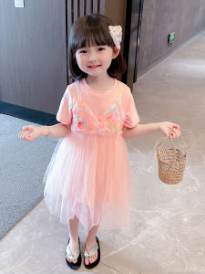 Princess Style Girls Dress Summer New Fashion Mesh Splice Short Sleeve Baby Cute Midi Skirt Cotton Blend Fabric Daily Wear