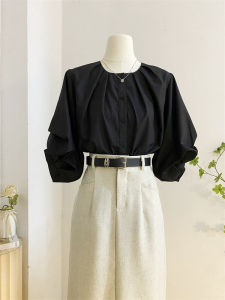 French Style Retro Black round Neck Lantern Sleeve Shirt Female 2024 Summer Ruched Stylish Loose Temperament Commuter Top