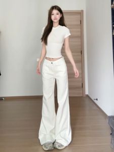 Low Waist Flared Jeans Womens Loose Fit White Denim Pants High Rise Tapered Leggings Casual Straight Leg Jeans Autumn Wear