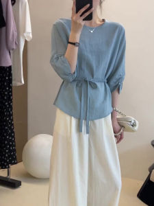 PAIBOLI | Blue Lantern Sleeve Silk Sunscreen Top Women Summer Thin Linen Waist Design Round Neck Shirt Women Casual Style Pure Color Shirt