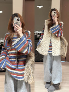 XUECAIQI | Unique and Stylish Sheep Wool Vest Color-Blocked Sweater Wide-leg Pants Three-piece Set