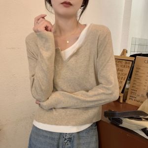 Fake Two-Piece Knitted Sweaters Womens Autumn and Winter Outer Wear Stylish Niche Korean Gentle Contrast Color Temperament Base Sweater