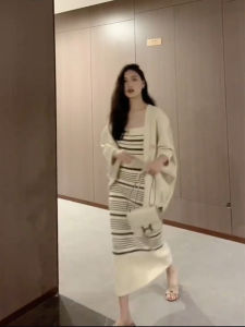 French High-End Knitted Cardigan Slimming Stripe Wrap Dress Set Womens Early Autumn Gentle Style Commute Korean Version