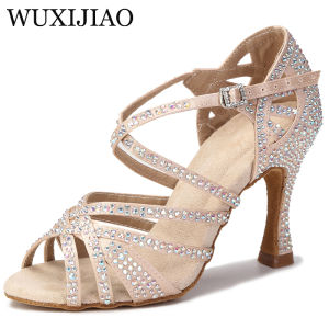 WUXIJIAO Women Party Dance Shoes Satin Shining Rhinestones Soft Bottom Latin Dance Shoes Woman Salsa Dance Shoes Heel