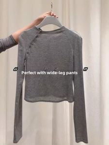 Retro Grey Half High Collar Slanted Button Long Sleeve Slim T-shirt