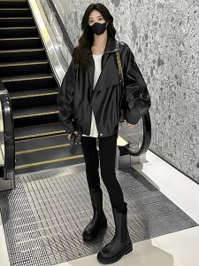 American Retro Fashion Trendy Leather Coat Womens Autumn New Arrival Fancy Loose Slim Looking Polo Collar Jacket Tops