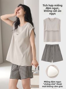 MiiOW | Bộ đồ ngủ cotton mùa hè cho nữ MiiOW Cat Person Áo vest không tay và quần short mỏng có đệm ngực Bộ đồ mặc nhà thường ngày