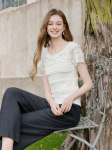 XIANGYING | Lace Short Sleeve Lightweight Floral Embroidery Shirt