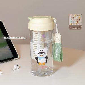 Penguin Plastic Straw Cup 2025 New Design High Aesthetic Value for Girls Student Summer Double Drink Separation Tea Water Cup