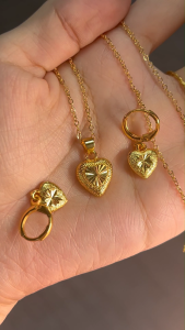 emas bangkok cop 916 rantai leher gila2 original gold lucky peach heart necklace earring set womens wedding jewelry