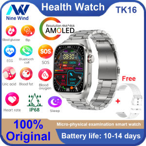 NineWind TK16 สมาร์ทวอท์ช การตรวจร่างกายขนาดเล็กน้ำตาลในเลือดกรดยูริคการตรวจสอบไขมันในเลือดโทรผ่านบลูทูธ AMOLED หน้าจอ SOS 650MAh แบตเตอรี่สำหรับ Android IOS Multi-Sport นาฬิกาข้อมือธุรกิจสำหรับผู้ชายและผู้หญิง