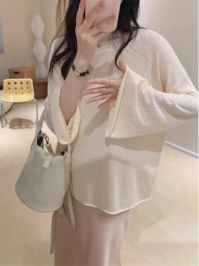 Ice Silk Long Sleeve Bell Sleeve Knitted Sunshade Cover up Women Summer Thin Overhead Loose Lazy Style Thin Shirt Autumn