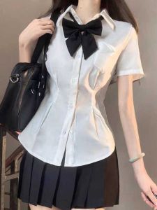 Áo Sơ Mi JK Tay Ngắn Màu Trắng Cho Nữ 2024 Thiết Kế Mới Áo Sơ Mi Ôm Vừa Vặn Eo Nhỏ Áo Thun Cổ Polo Màu Trơn Chống Tia UV