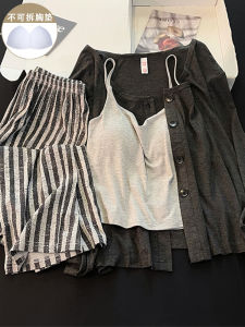 Pure ผ้าฝ้าย Modal ผู้หญิง ชุดนอน ชุดพร้อมแผ่นรองหน้าอกแขนยาว กางเกง กางเกงใน เสื้อผ้าบ้านสามชิ้น ฤดูร้อน คอลเลกชัน