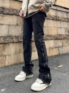 กางเกงยีนส์ทรงตรงสีดำทรงสลิมฟิตพร้อมกระเป๋าและซิปด้านข้าง กางเกงขายาวทรงขาบานเล็ก กางเกงยีนส์ทรงตรงสำหรับผู้ชาย