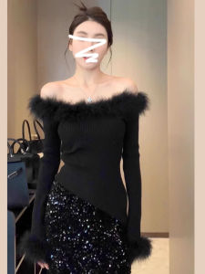 เสื้อสเวตเตอร์ถักแขนยาวสีดำ ทรงเข้ารูป สำหรับผู้หญิง ฤดูใบไม้ผลิ ฤดูใบไม้ร่วง ฤดูหนาว เสื้อคลุมไหล่สไตล์สตรีท ผ้าขนแกะ