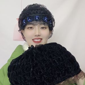 Winter New Fashion Thickened Fleece Womens Wig Lace Trim Warm Dustproof Head Cover Cap Stylish Hair Accessory for Elderly