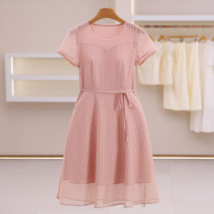 Gentle Solid Color Round Neck Belted Waist Summer Dress