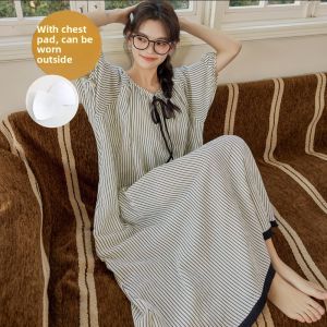 Summer Thin Cotton Kimono Robe Womens Home Clothes Short Sleeve One-Piece Sleepwear V-Neck Print Long Dress Sweet Style