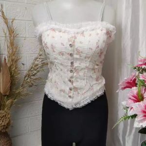 Tank Top Motif Bunga Vintage Fit M-XL/ Crop Top With Cup Bra Motif Bunga Vintage /Atasan Vintage Wanita