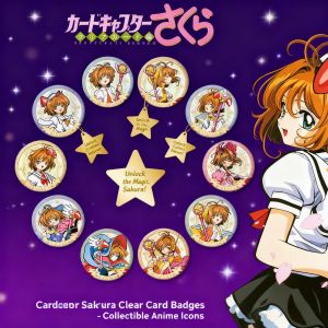 Bandai | Anime Cardcaptor Sakura Cosplay Accessory Double Sided PET Flash Badge Pin Brooch Series 7.5cm 5.8cm Size