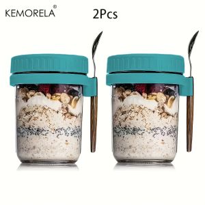 2pc Overnight Oatmeal Cup with Lid and Spoon Portable Breakfast Oatmeal Cereal Nut Yogurt Cup 300ML Fruit Salad Food Storage Box