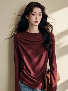 Elegant Vintage High-End Red Wine Color Shirt Womens Slimming Versatile Autumn New Style Commute Korean Style Long Sleeve