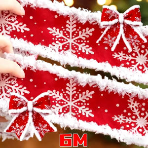 ริบบิ้นลายเกล็ดหิมะขนาด6/2ม. ขอบกำมะหยี่สีขาวโบว์สีแดงธีมคริสต์มาสอุปกรณ์ตกแต่งกล่องห่อของขวัญสำหรับงานเลี้ยง