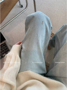 Light Blue Heavy Embellished Straight Leg Denim Jeans Womens High Waist Slimming Casual Wide Leg Pants Trendy Cotton Blend