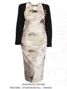 Plus Size Women's Cheongsam Dress with Button Detail Waist Cinching: A New Chinese Style Long Sleeve Spring Fashionable Gown