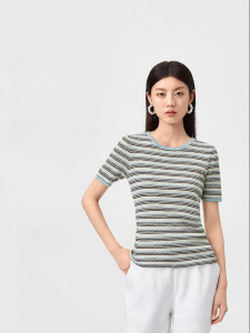 Purcotton | Comfortable Breathable Womens Round Neck Striped Short Sleeve T-Shirt