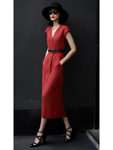 High-End Vintage European Style Red Short Sleeve Long Dress for Women Summer Plus Size Work Clothing Pullover A-Line Skirt