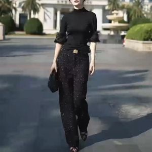 ขนาดบวกสลิมมิ่งเวลาน้ําชาเสื้อผ้าทํางานชุดสําหรับผู้หญิงเอวสูงสเตอริโอตัดเส้นใยโพลีเอสเตอร์เสื้อสวมหัวออกแบบคอกลม