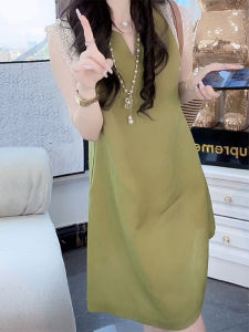 Shalldoer | Fashionable Lace Splice Design Womens Dress Mid-Length Summer Stylish Versatile Casual Round Neck Short Sleeve H-Line Skirt