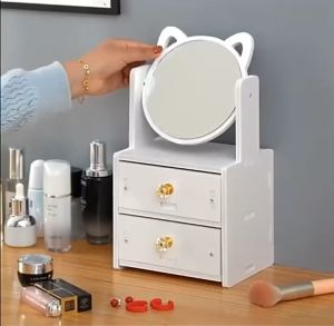 Small Cat Ear Makeup Mirror With Jewelry Compartment Drawer Cosmetic Organizer Table Cabinet Decor/MS