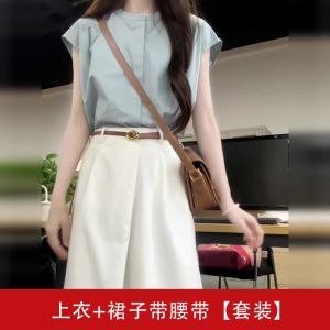 Elegant Blue Short Sleeve Shirt Womens Summer New Design Sensation French Style Shirt Sweet Japanese Style Slim Fit Polyester Cotton Blend