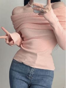 Pure Desire Womens Slim Fit Knitted Shoulder Bared One Piece Pink Color Slimming Top Korean Style Long Sleeve Crew Neck