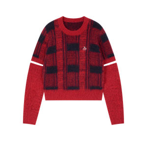 Embroidered Check Knit Sweater Red