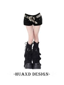 Heavy Duty Low Waist Short Shorts Womens Tight Fit Street Style Diamond Embellished Rivet Leggings Trendy Polyester Fiber